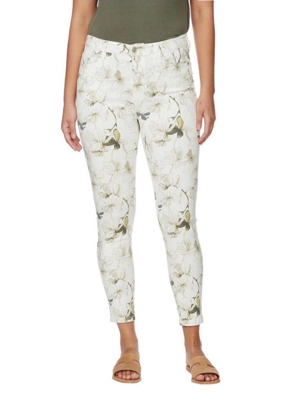 Buffalo David Bitton White Cropped Jeans with Olive Floral Print